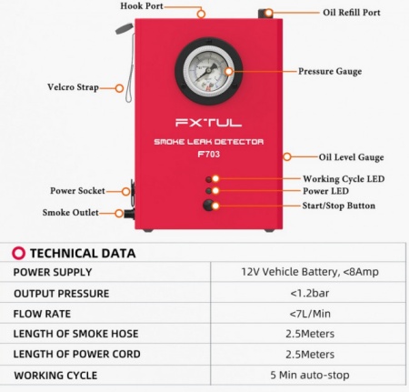 Tester auto Fum Generator FXTUL12V F603, F703, F803 Detectie scurgere fum turisme si camioane - Img 3