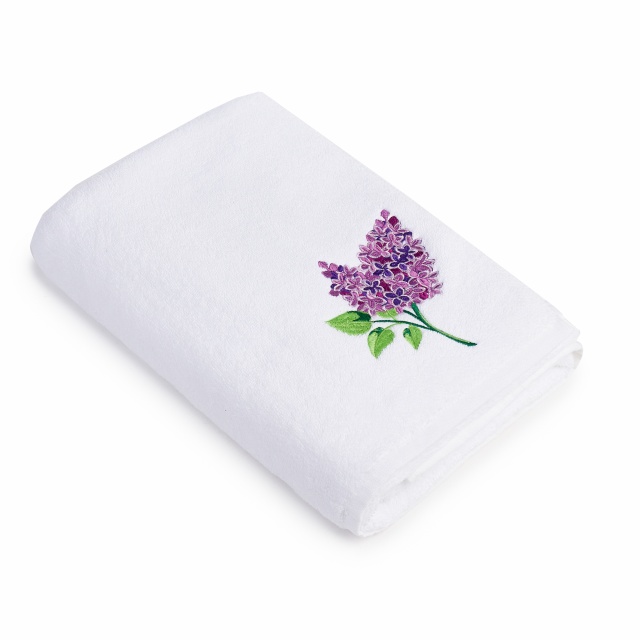 Prosop baie Brodat Liliac, bumbac 100%, alb, 70x140cm - 680gr/mp