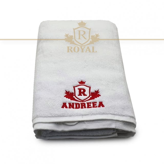 Prosop baie Brodat Nume Andreea, Royal Home, bumbac 100%, alb, 70x140cm - 650gr/mp