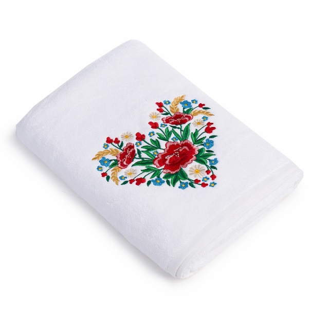 Prosop baie Brodat Inima , bumbac 100%, alb, 70x140cm - 680gr/mp