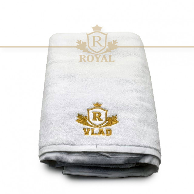 Prosop baie Brodat Nume Vlad, Royal Home, bumbac 100%, alb, 70x140cm - 650gr/mp