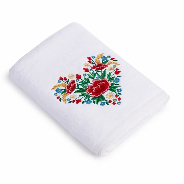 Prosop baie Brodat Inima , bumbac 100%, alb, 70x140cm - 680gr/mp - 1 | YEO