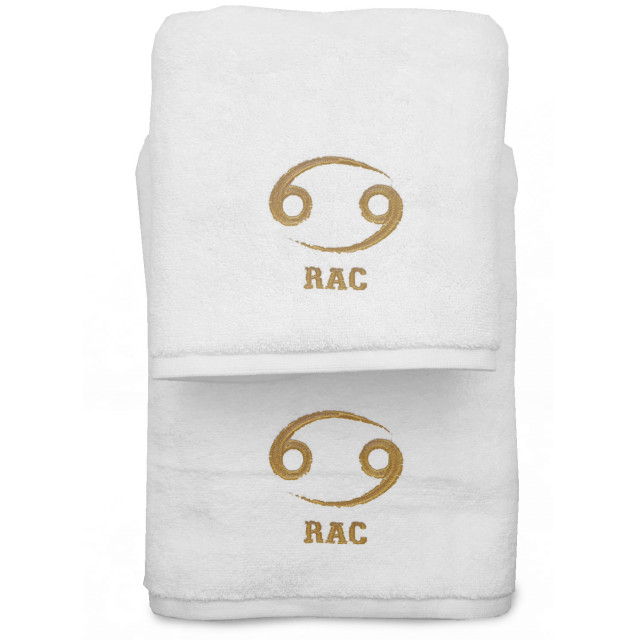 Set 2 Prosoape baie Brodate Alb cu broderie Rac, bumbac 100% (Culoare Broderie: Mov, Culoare Prosop: Roz)