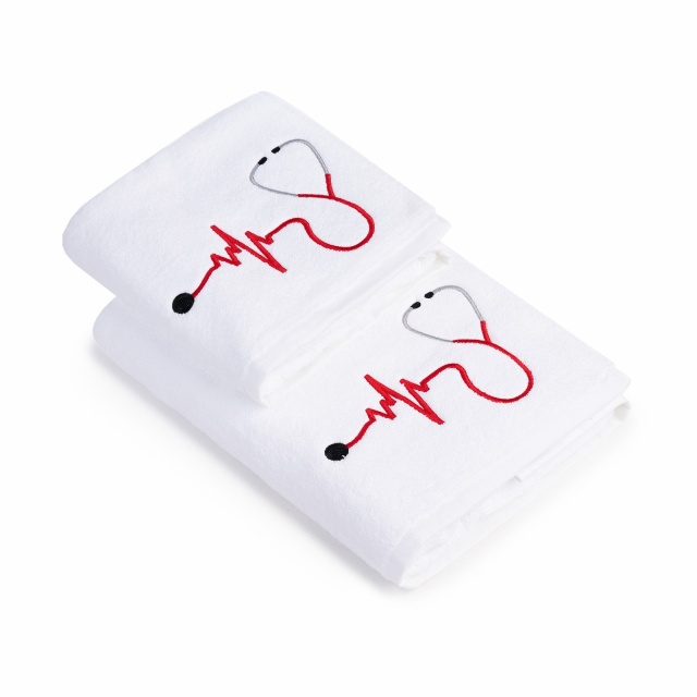 Set 2 Prosoape baie Brodate Alb cu broderie color, Model Stetoscop, bumbac 100%