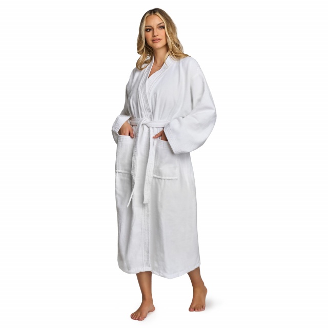 Halat de Baie Alb Plusat tip Kimono (Marime Halate: Halat de Baie Alb Plusat tip Kimono (Marime: S))