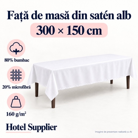 Față de masă satén alb 300x150 cm — Hotel Supplier, 80% bumbac, 20% microfibră, 160 g/m²