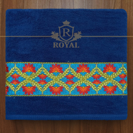 Prosop baie brodat, Bordura Florala, bumbac 100%, Color , 70x140cm - 600gr/mp - Img 2