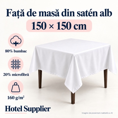 Față de masă satén alb 150x150 cm — Hotel Supplier, 80% bumbac, 20% microfibră, 160 g/m²