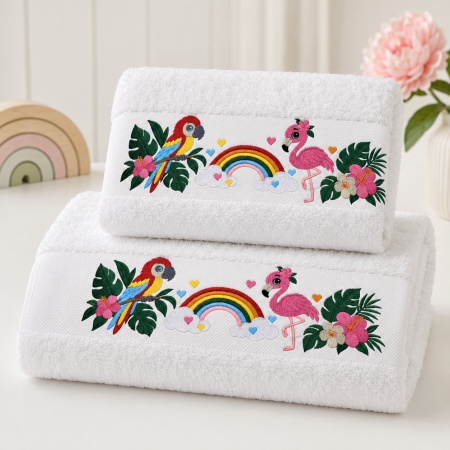 Set 2 prosoape premium pentru copii, brodate cu Papagal, Flamingo și Curcubeu, 700 g/m², 100% bumbac - Img 2