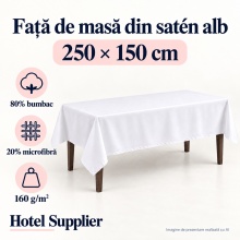 Față de masă satén alb 250x150 cm — Hotel Supplier, 80% bumbac, 20% microfibră, 160 g/m²