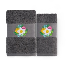 Set 2 Prosoape baie Brodate Alb/Gri cu broderie color, Model Floral4, bumbac 100%