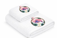 Set 2 Prosoape baie Brodate Alb cu broderie color, Model Flamingo, bumbac 100%