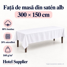 Față de masă satén alb 300x150 cm — Hotel Supplier, 80% bumbac, 20% microfibră, 160 g/m²