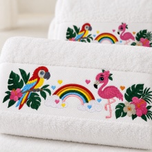 Set 2 prosoape premium pentru copii, brodate cu Papagal, Flamingo și Curcubeu, 700 g/m², 100% bumbac