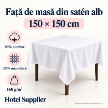 Față de masă satén alb 150x150 cm — Hotel Supplier, 80% bumbac, 20% microfibră, 160 g/m²