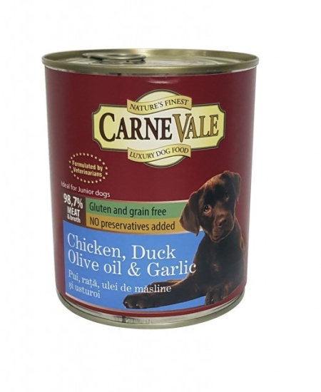 Hrana umeda pentru caini, Carnevale, Junior, Pui, Rata, Usturoi, Ulei Masline, 800 G