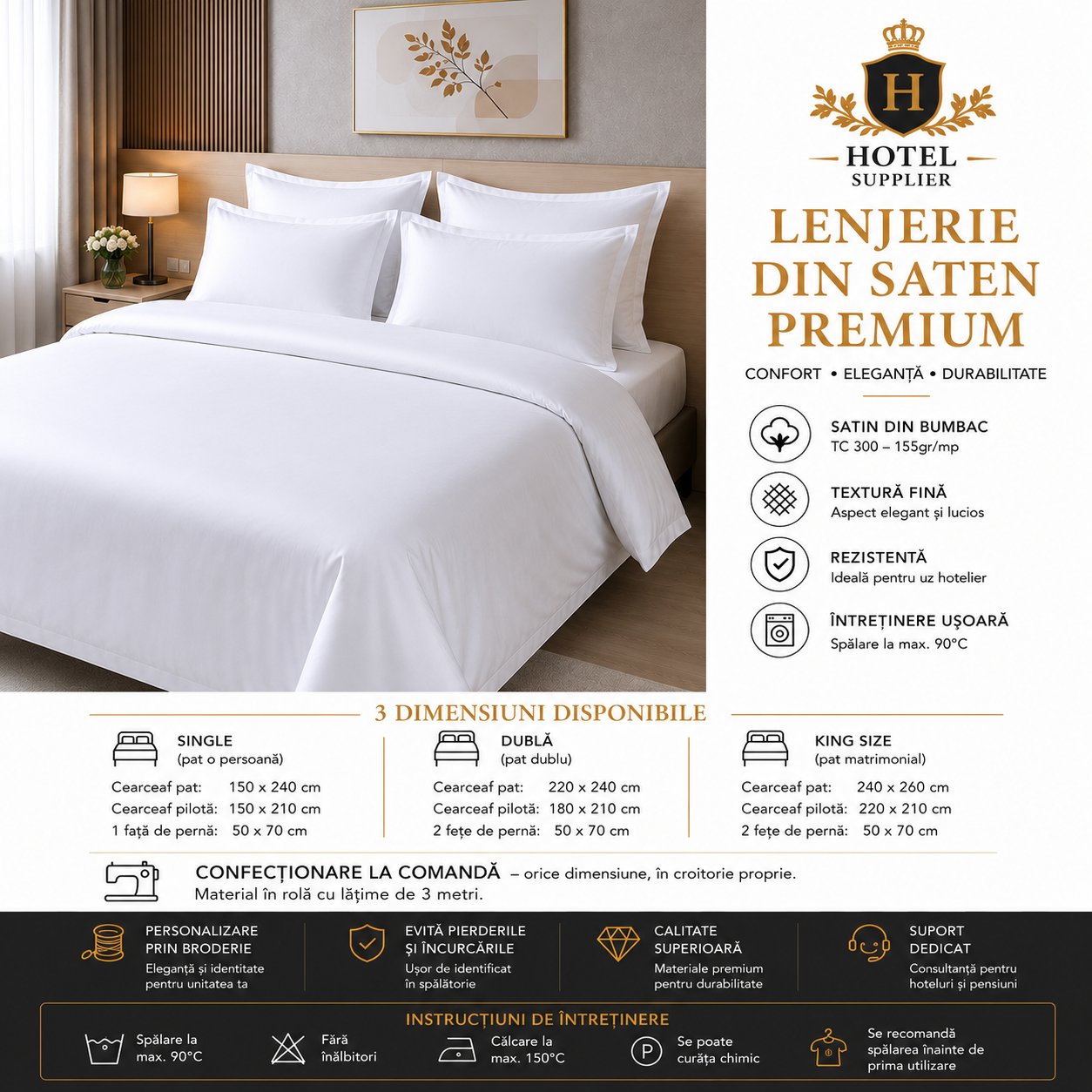 Lenjerie din Satin Hotelier TC300 – Avantaje, Dimensiuni și Personalizare prin Broderie