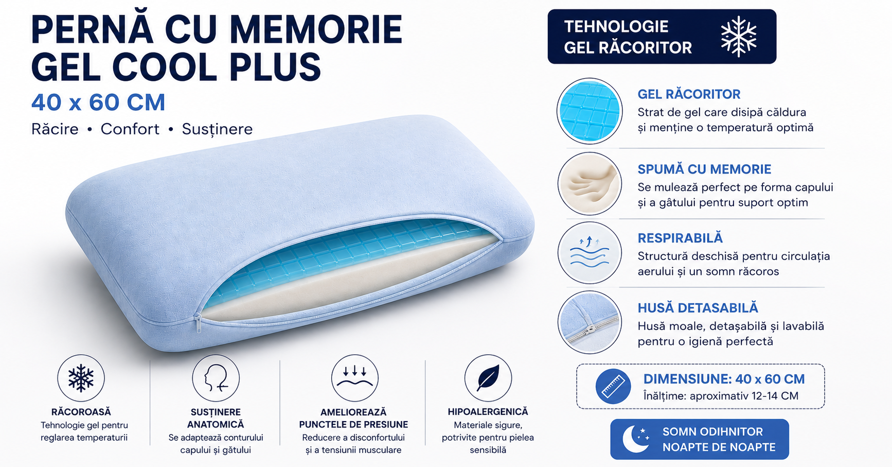 Pernă cu Memorie Gel Cool Plus 40x60 cm – Merită? Avantaje, Beneficii și Ghid Complet de Alegere