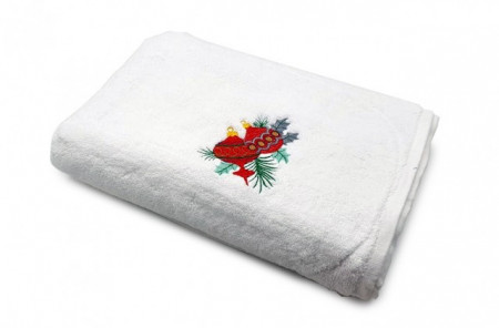 Prosop baie Brodat Model Glob Craciun, Royal Home, bumbac 100%, alb, 70x140cm - 680gr/mp