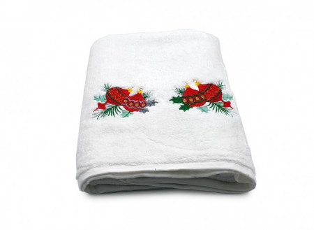 Prosop baie Brodat Model Globuri Craciun, Royal Home, bumbac 100%, alb, 70x140cm - 680gr/mp