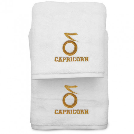 Set 2 Prosoape baie Brodate Alb cu broderie Capricorn, bumbac 100%