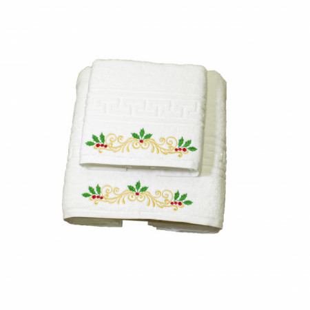 Set 2 Prosoape baie Brodate, Model Craciun 2, Prosoape HOTEL, bumbac 100%, alb, 70x140cm+50x90cm-680gr/mp