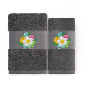 Set 2 Prosoape baie Brodate Alb/Gri cu broderie color, Model Floral3, bumbac 100%