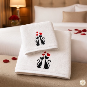 Set 2 prosoape de baie brodate Pisicuțe, alb, 680 g/m², 100% bumbac - Img 2