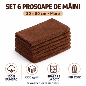 Set 6 prosoape de mâini maro, 30 × 50 cm, bumbac 100%, 600 g/m²