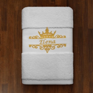 Prosop brodat model Coroana Regina + Nume , Bumbac 100%, alb