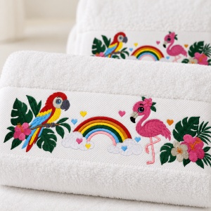Set 2 prosoape premium pentru copii, brodate cu Papagal, Flamingo și Curcubeu, 700 g/m², 100% bumbac - Img 2