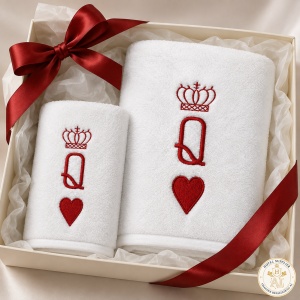 Set cadou pentru ea – 2 prosoape de baie brodate Queen, alb, 680 g/m², 100% bumbac - Img 4