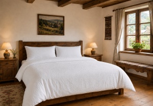 Set 10 lenjerii duble din crepon alb 100% bumbac fără călcare pentru hotel și pensiune