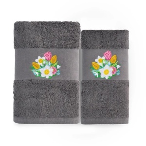 Set 2 Prosoape baie Brodate Alb/Gri cu broderie color, Model Floral2, bumbac 100%