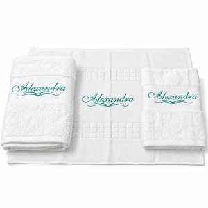 Set cadou 3 piese pentru baie, albe, cu broderie „Alexandra” – prosoape 700 g/m² - Img 2