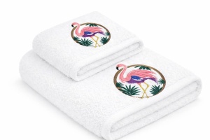 Set 2 Prosoape baie Brodate Alb cu broderie color, Model Flamingo, bumbac 100%