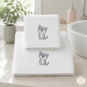 Set 2 prosoape de baie brodate Pisicuță, alb, 680 g/m², 100% bumbac, 50×90 și 70×140 cm - Img 2