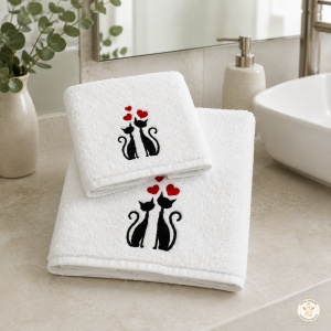 Set 2 prosoape de baie brodate Pisicuțe, alb, 680 g/m², 100% bumbac - Img 3