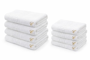 Set 24 prosoape cu inițială brodată GRATUITĂ - 550 g/m² – Alb Optic- (12buc×50×90 cm + 12buc×70×140 cm)