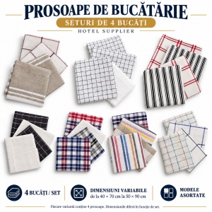 Set 4 prosoape de bucătărie Hotel Supplier – mix asortat, dimensiuni variabile 40×70–50×90 cm, 150–250 g/m²