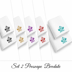 Set 2 prosoape de baie brodate Royal, alb, 680 g/m², 100% bumbac, 50×90 și 70×140 cm