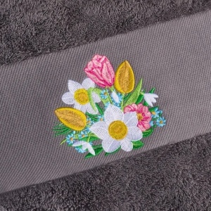 Set 2 Prosoape baie Brodate Alb/Gri cu broderie color, Model Floral2, bumbac 100% - Img 5