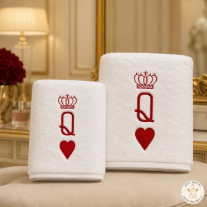 Set cadou pentru ea – 2 prosoape de baie brodate Queen, alb, 680 g/m², 100% bumbac - Img 2