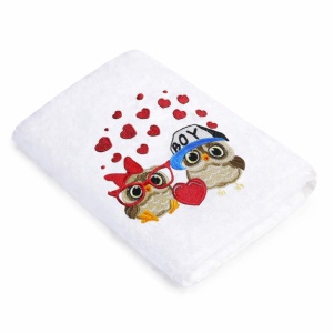 Prosop baie Brodat bufnite, bumbac 100%, alb, 70x140cm - 680gr/mp