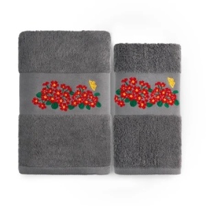 Set 2 Prosoape baie Brodate Alb/Gri cu broderie color, Model Floral1, bumbac 100%