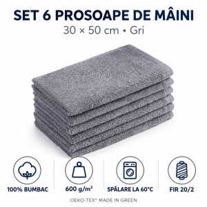 Set 6 prosoape de mâini gri, 30 × 50 cm, bumbac 100%, 600 g/m² - Img 2