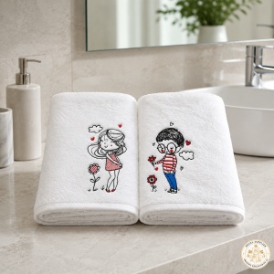 Set cadou pentru cuplu – 2 prosoape de baie brodate Îndrăgostiți, 70×140 cm, 680 g/m², 100% bumbac - Img 3