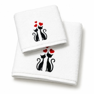 Set 2 prosoape de baie brodate Pisicuțe, alb, 680 g/m², 100% bumbac