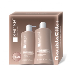 Set Cadou cu Lufa, DoubleSilk+, Vanilie & Macadamia, Săpun lichid gel 330ml & Gel de dus 330ml