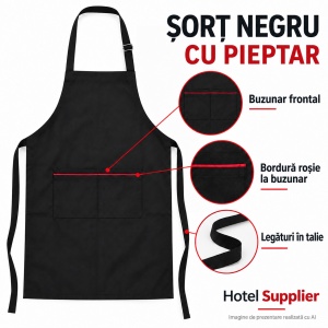 Șorț negru cu pieptar și bordură roșie la buzunar – Hotel Supplier - Img 2